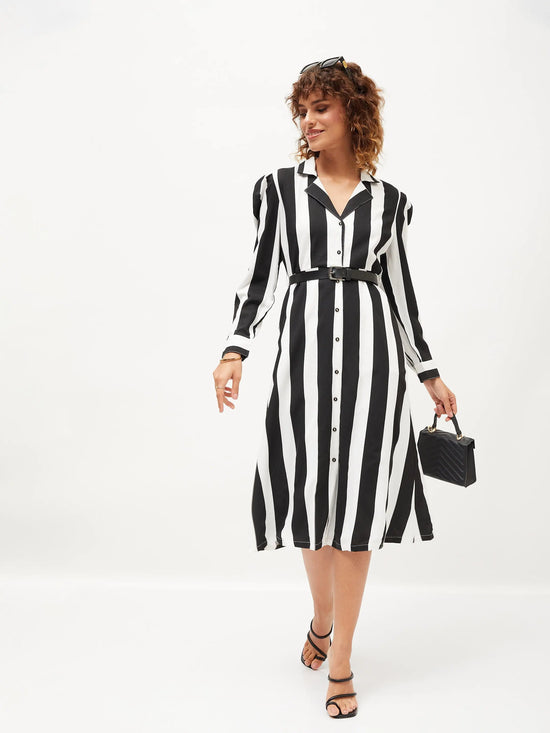 Women Black & White Striped Belted Shirt Dress