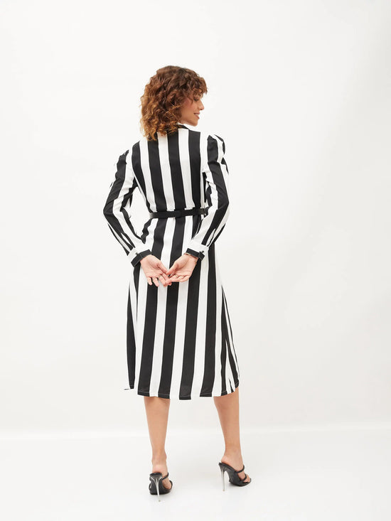 Women Black & White Striped Belted Shirt Dress