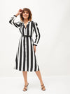 Women Black & White Striped Belted Shirt Dress