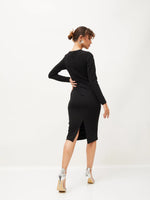 Women Black Knitted Ruched Midi Dress