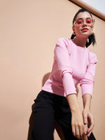 Women Pink Full Sleeves Rib Top