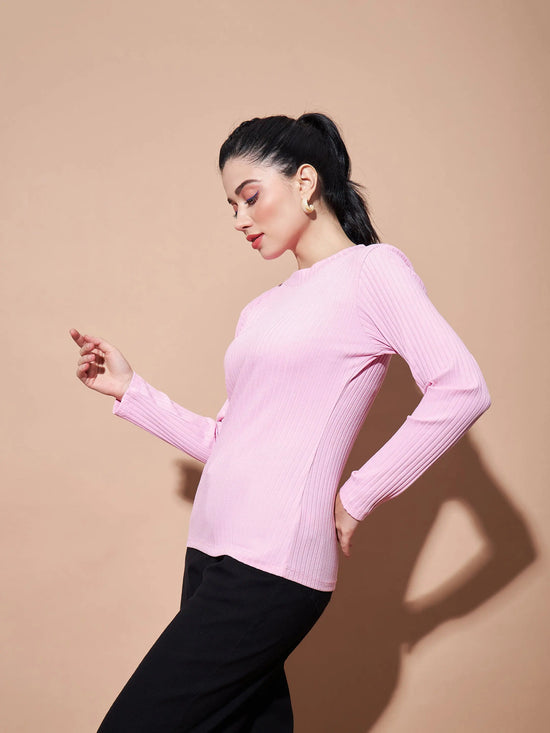 Women Pink Full Sleeves Rib Top