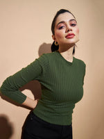 Women Olive Full Sleeves Rib Top