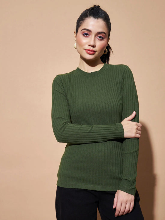 Women Olive Full Sleeves Rib Top