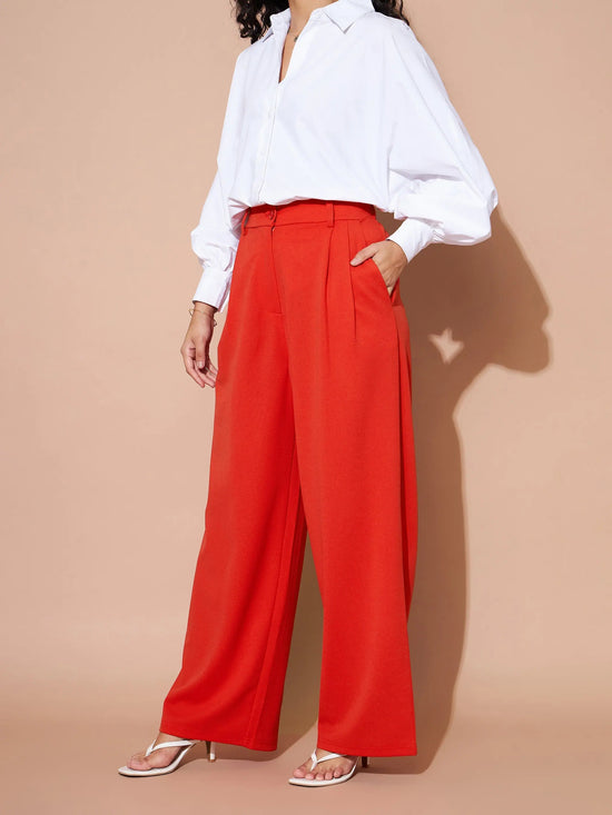 Women Orange Pleated Wide Leg Pants