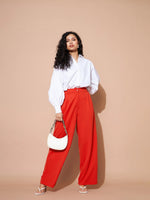 Women Orange Pleated Wide Leg Pants