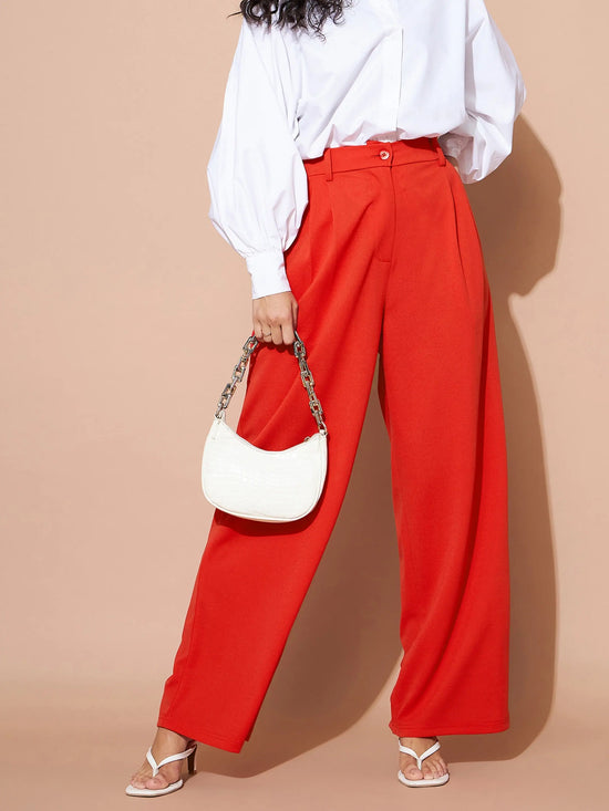 Women Orange Pleated Wide Leg Pants