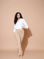 Women Beige High Waist Gold Show Buttons Pants