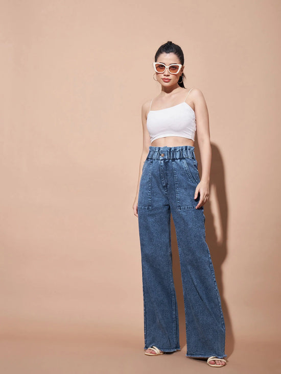 Women Blue Paper Bag Waist Straight Jeans