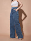 Women Blue Paper Bag Waist Straight Jeans