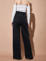 Women Black Paper Bag Waist Straight Jeans