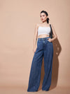 Women Blue Seam Detail Wide Leg Jeans