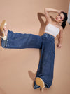 Women Blue Seam Detail Wide Leg Jeans