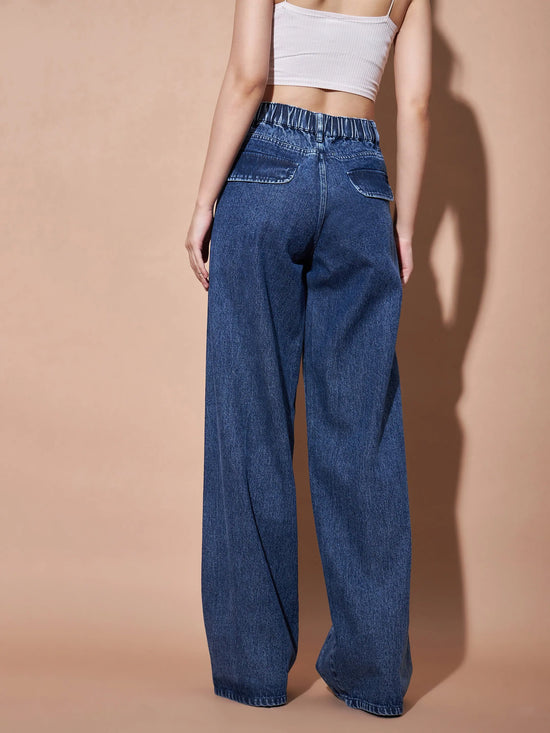 Women Blue Seam Detail Wide Leg Jeans