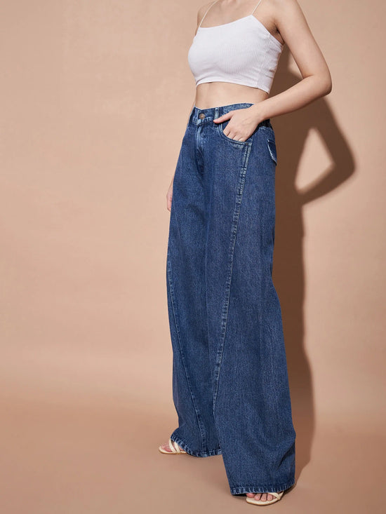 Women Blue Seam Detail Wide Leg Jeans