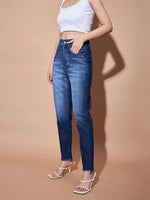 Women Blue High Waisted Slim Fit Frayed Jeans