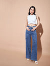 Women Blue High Waist Seam Detail Straight Jeans