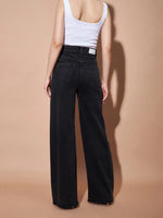 Women Black High Waist Flap Pocket Straight Jeans