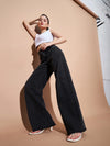 Women Black High Waist Flap Pocket Straight Jeans