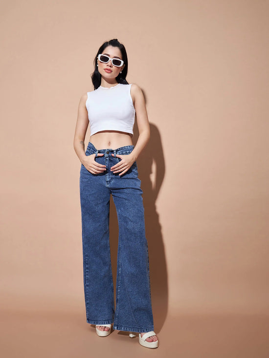 Women Blue High Waist Straight Jeans