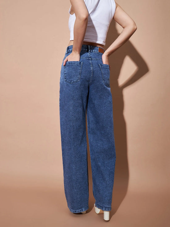 Women Blue High Waist Straight Jeans