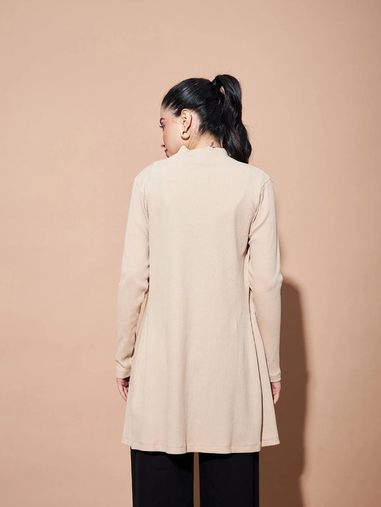 Women Beige Full Sleeves Rib Shrug