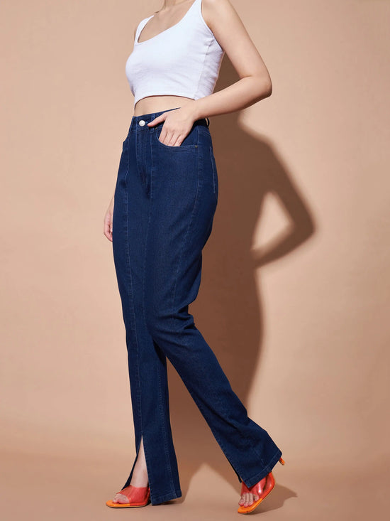 Women Navy Mid Rise Skinny Fit Slit Jeans