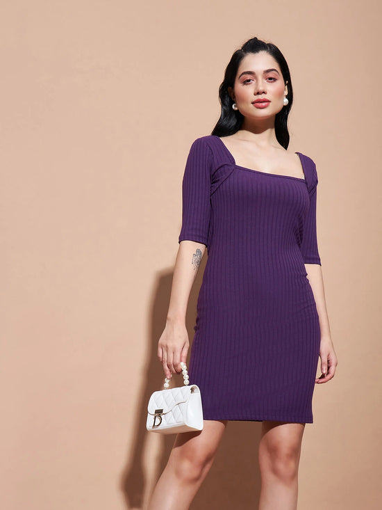 Women Purple Rib Square Neck Short Dress