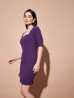 Women Purple Rib Square Neck Short Dress