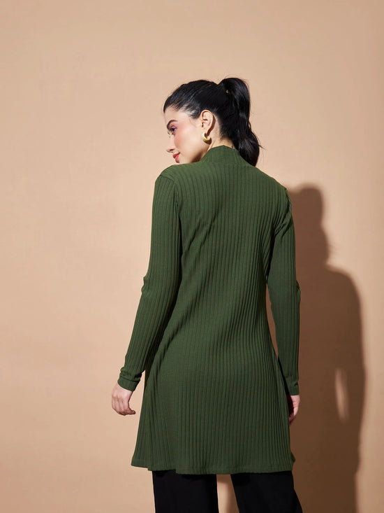 Women Olive Full Sleeves Rib Shrug