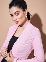 Women Pink Full Sleeves Rib Shrug