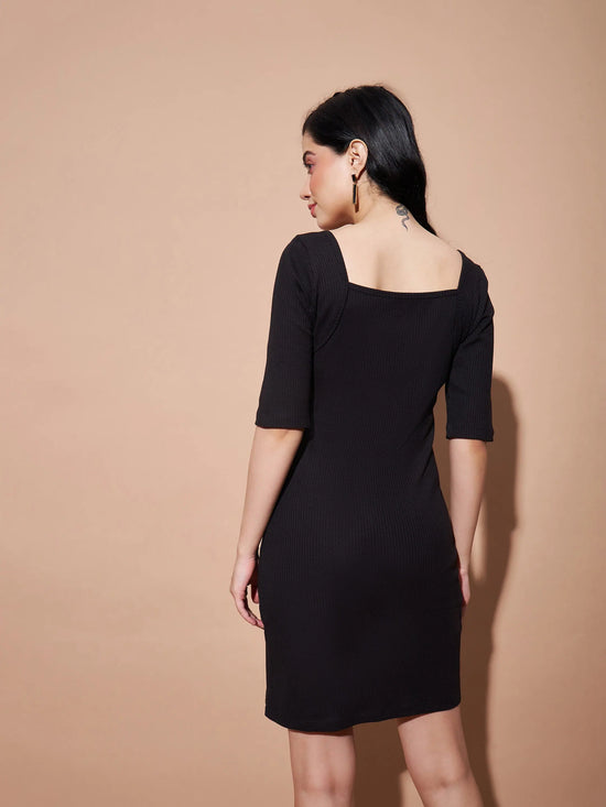 Women Black Rib Square Neck Short Dress-SFDRSS11553XS