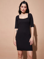 Women Black Rib Square Neck Short Dress-SFDRSS11553XS