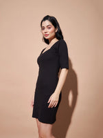 Women Black Rib Square Neck Short Dress-SFDRSS11553XS