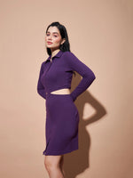 Women Purple Side Cut-Out Collar Bodycon Rib Dress