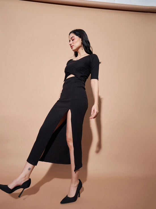 Women Black Side Slit V-Neck Rib Maxi Dress