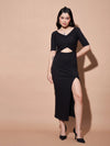 Women Black Side Slit V-Neck Rib Maxi Dress