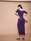 Women Purple Side Slit V-Neck Rib Maxi Dress