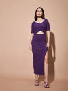 Women Purple Side Slit V-Neck Rib Maxi Dress