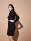 Women Black Side Cut-Out Collar Bodycon Rib Dress