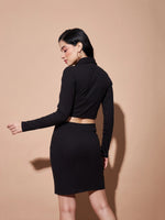 Women Black Side Cut-Out Collar Bodycon Rib Dress