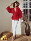 Women Red V-Neck Peplum Top