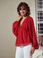 Women Red V-Neck Peplum Top