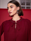 Women Maroon Embellished Puff Sleeves Top