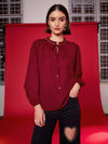 Women Maroon Embellished Puff Sleeves Top