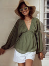 Women Olive V-Neck Peplum Top