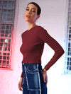 Women Maroon Back Cut Out Full Sleeves Rib Top