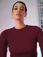 Women Maroon Back Cut Out Full Sleeves Rib Top