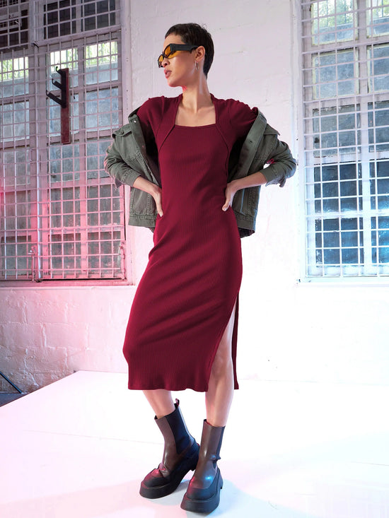 Women Maroon Rib Side Slit Full Sleeves Bodycon Dress