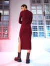 Women Maroon Rib Side Slit Full Sleeves Bodycon Dress